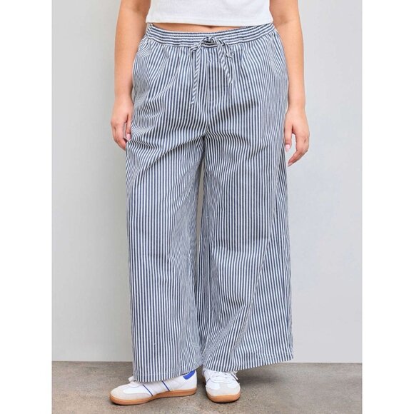 Plus Size NEW Cider 100% Cotton Mid Rise Striped Pocket Wide Leg Trousers Curve - Picture 8 of 8